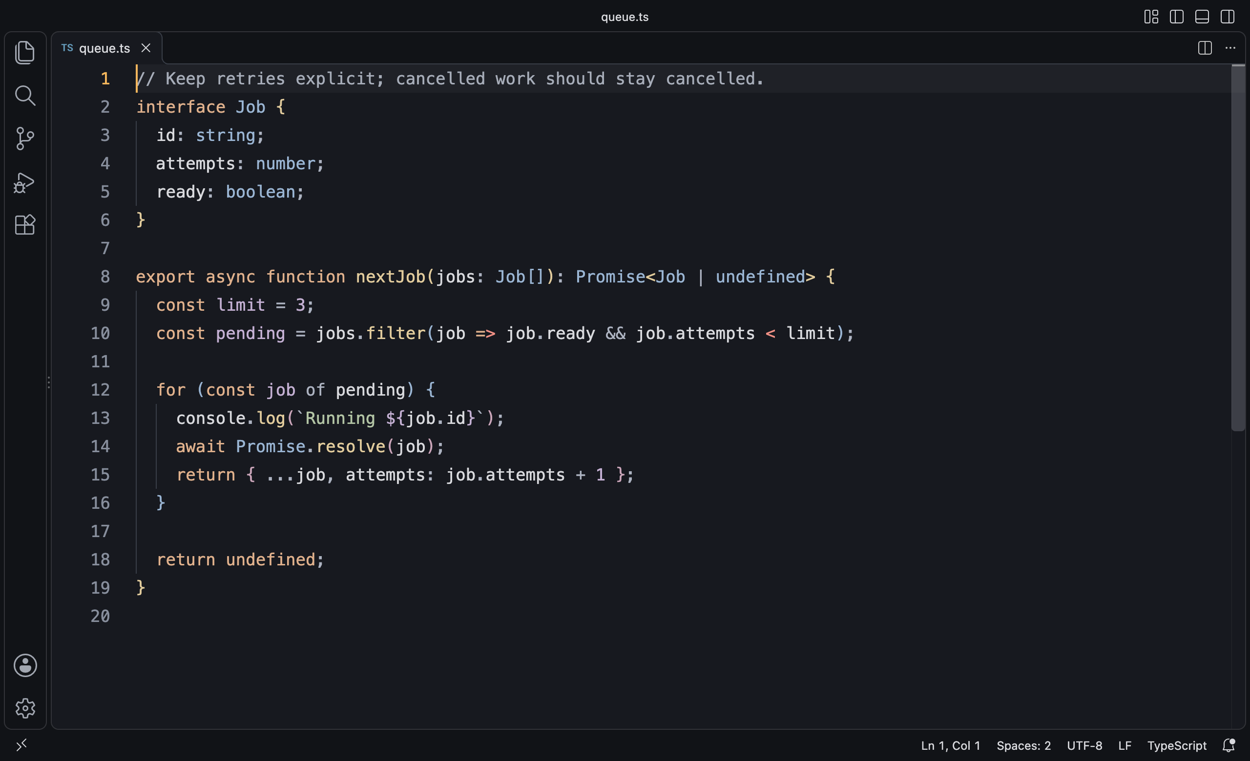 Bacumi Dark in Visual Studio Code showing TypeScript